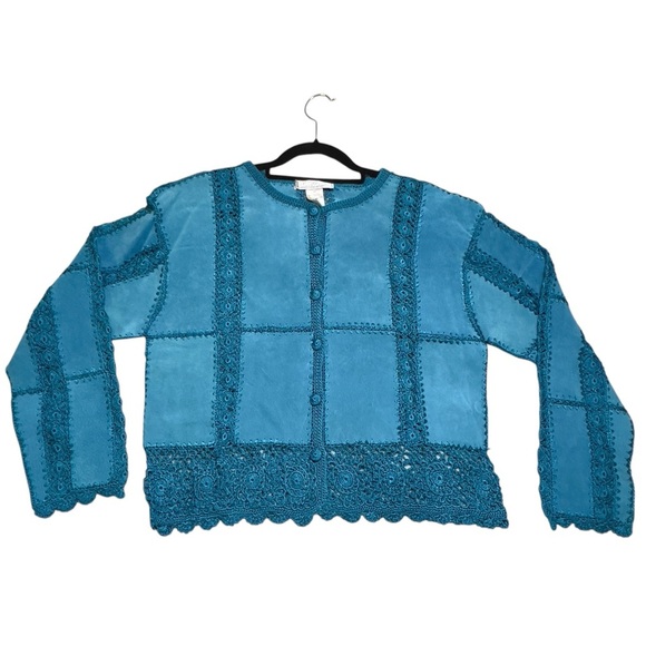 S.M.H Vintage Suede Paneled Crocheted Boho Western Festival Y2K Blazer Coat - Picture 5 of 15